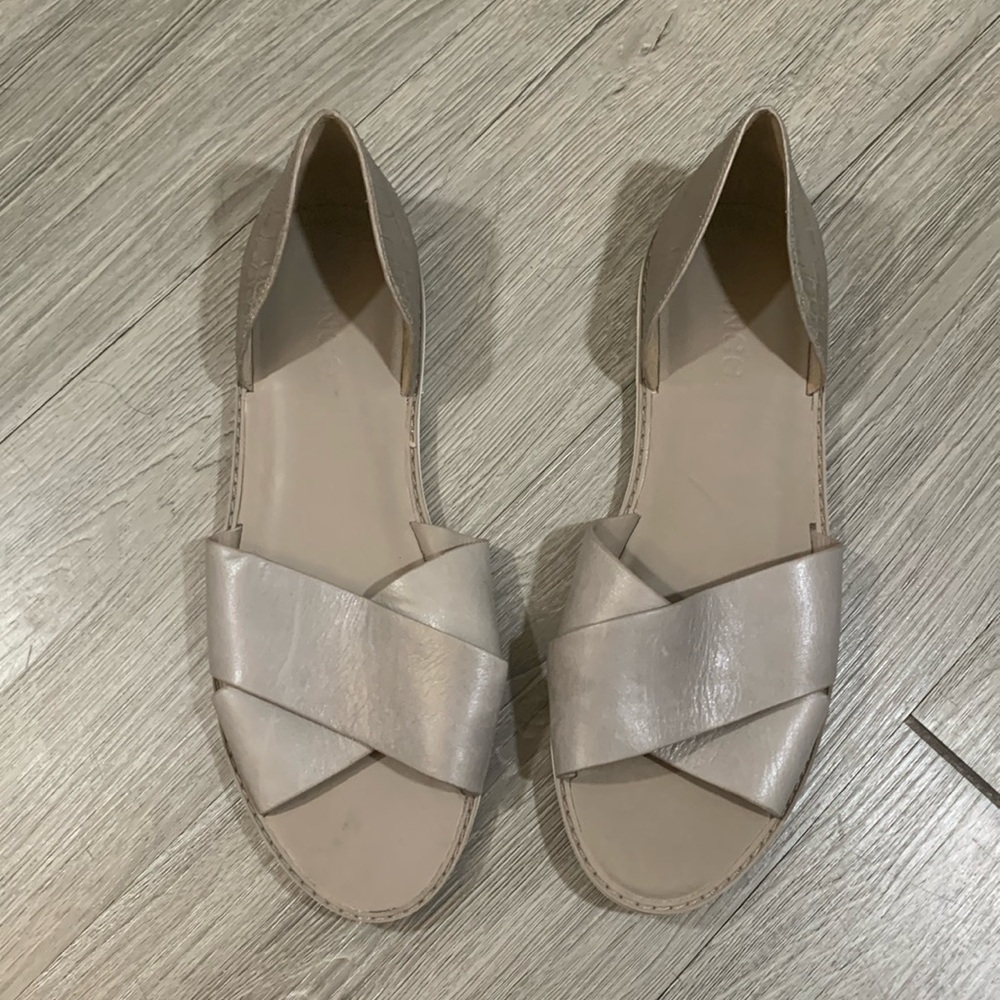 VINCE Ida Gray Snakeskin Print‎ Leather Open Toe Open Side Flats Gray Sz 9.5